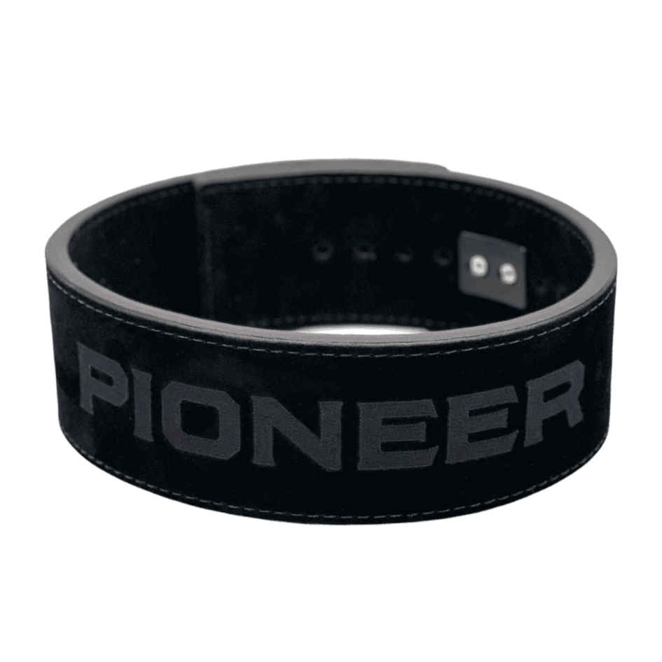 Pioneer Fitness "Stock" Black Double Suede Embroidered Logo Powerlifting Lever Belt (with Matte Black PAL V2) – 13mm thick – 4" wide