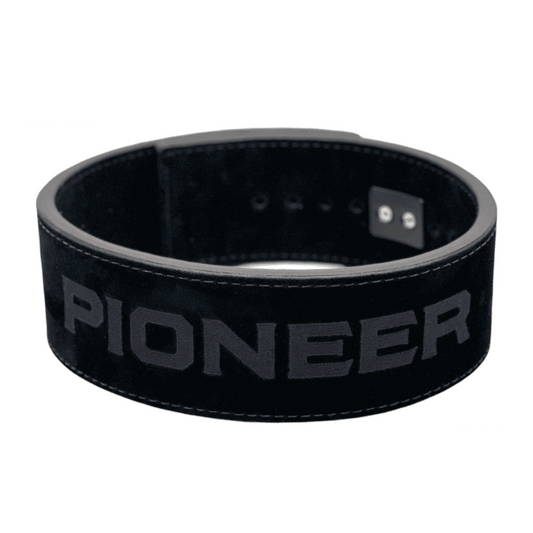 Pioneer Fitness Black Double Suede Embroidered Logo Powerlifting Lever Belt (with Standard Black Lever) – 13mm thick – 4" wide