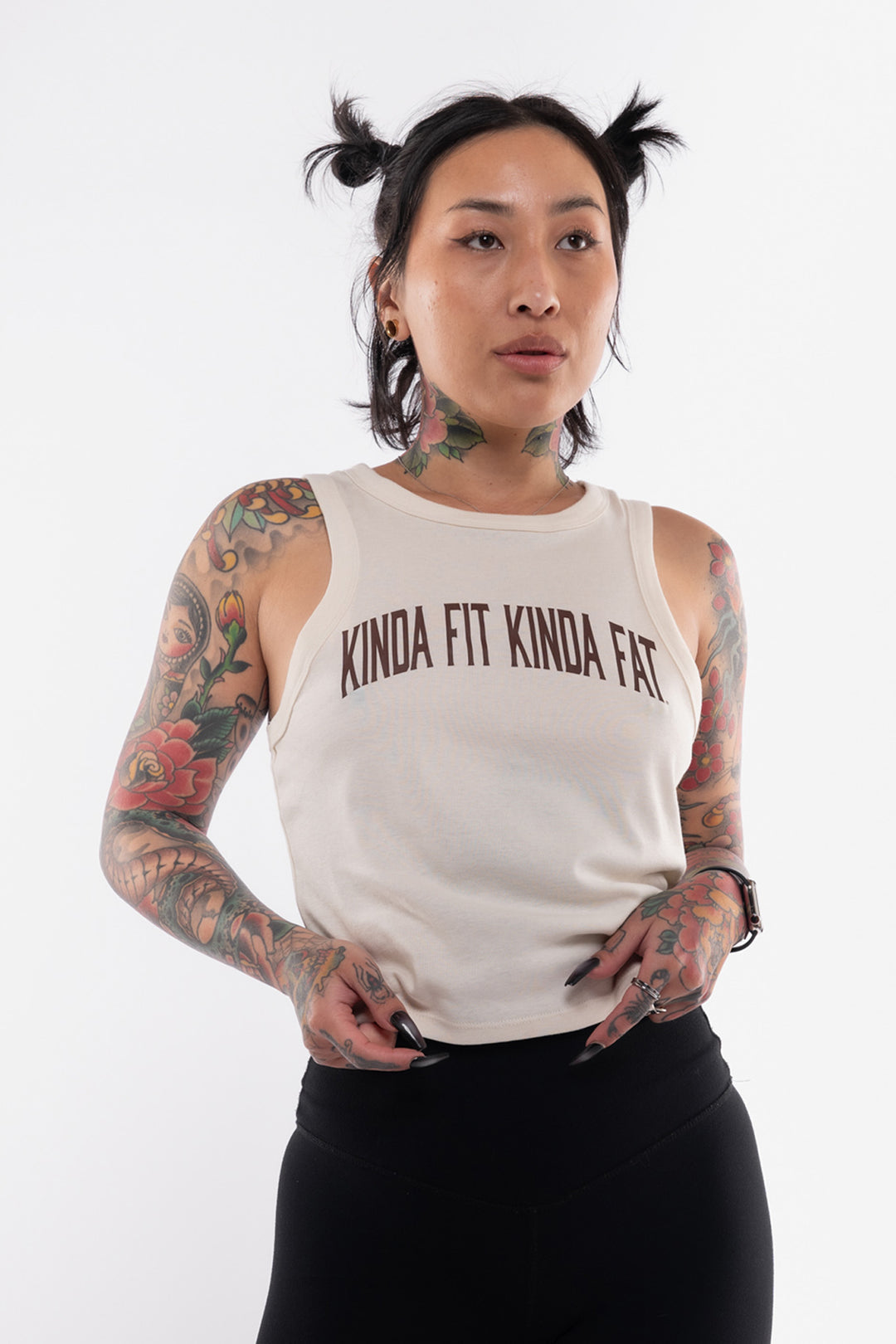 Kinda Fit Kinda Fat Fahrenheit Cropped Racer Tank (Cream)