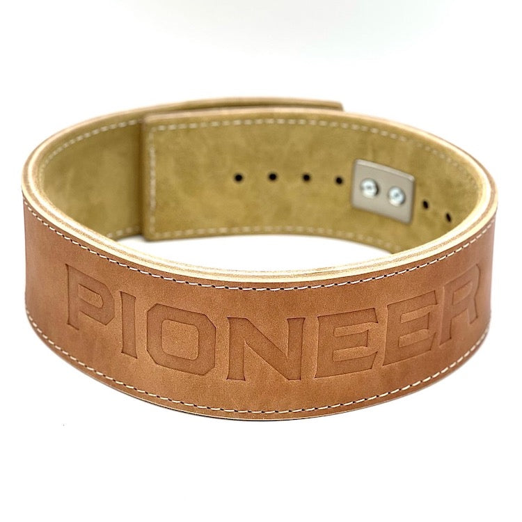 Pioneer Fitness "Stock" Untreated Leather (with suede inside) Powerlifting Lever Belt (with Satin Silver PAL V2) – 13mm thick – 4" wide