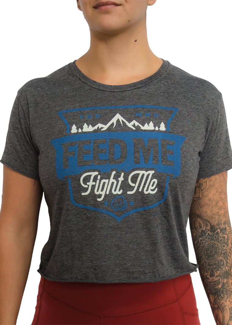 Feed Me Fight Me Women's Get Elevated Raw Cut Crop Tee (Charcoal / Royal Blue) - 9 for 9